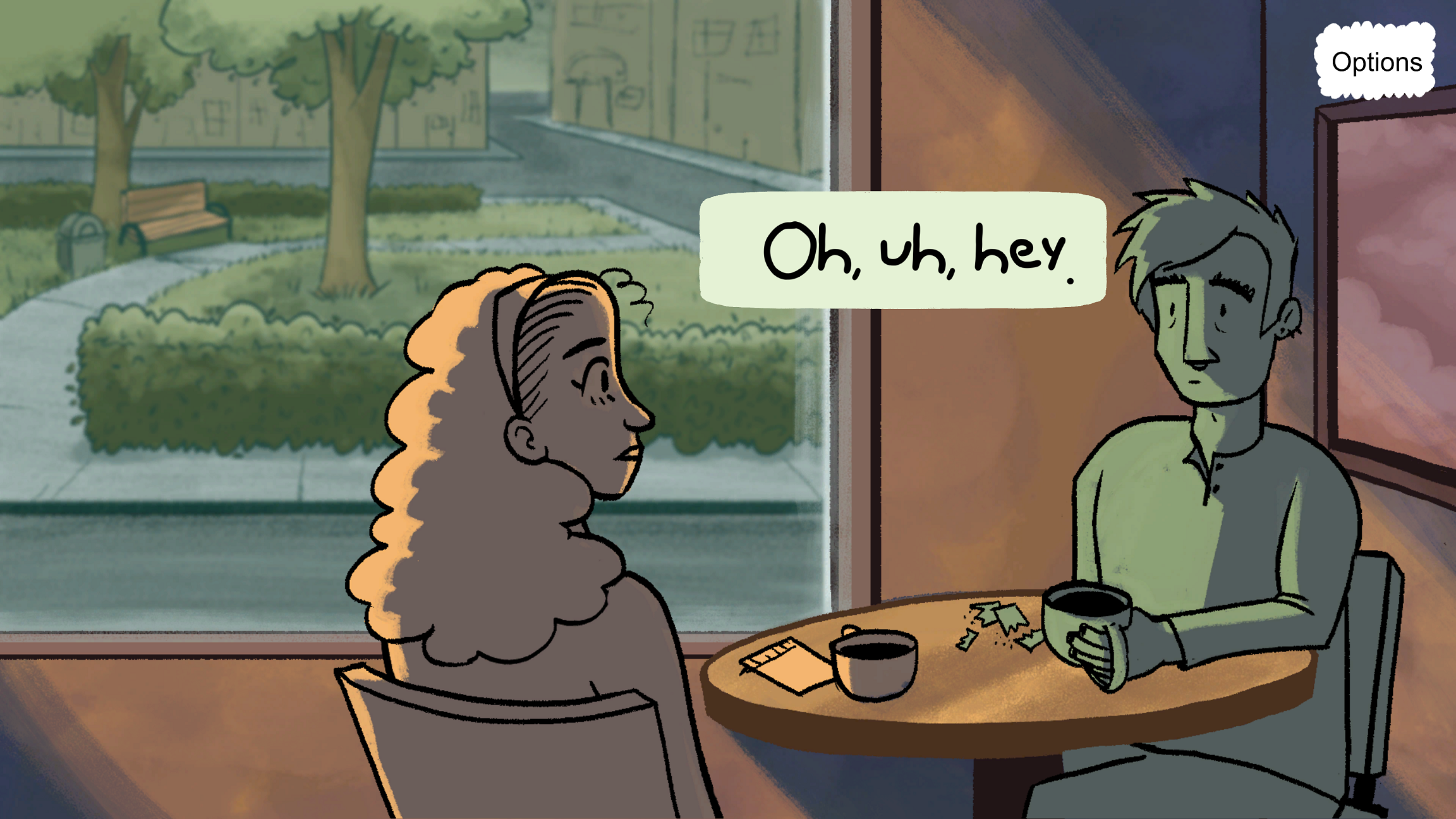 screenshot of Another Coffee game: two people sit awkwardly in a coffee shop