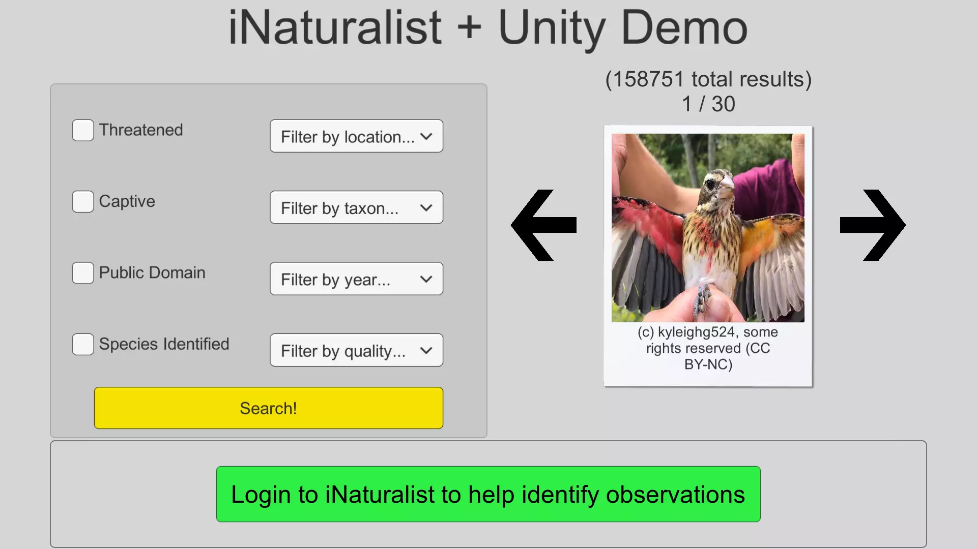 screenshot of the iNaturalist for Unity demo. You can search for pictures by various features.