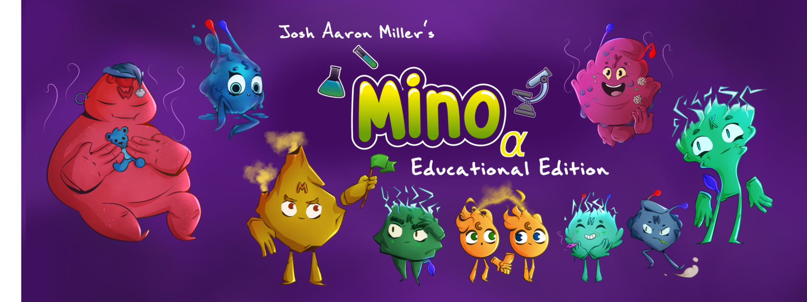 Expanded logo of Mino showing amino acids as cartoon characters.